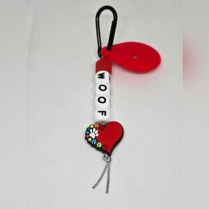 NWT Handcrafted Beaded Woof with Red Heart Paw Prints Dog Red Poop Bag Holder